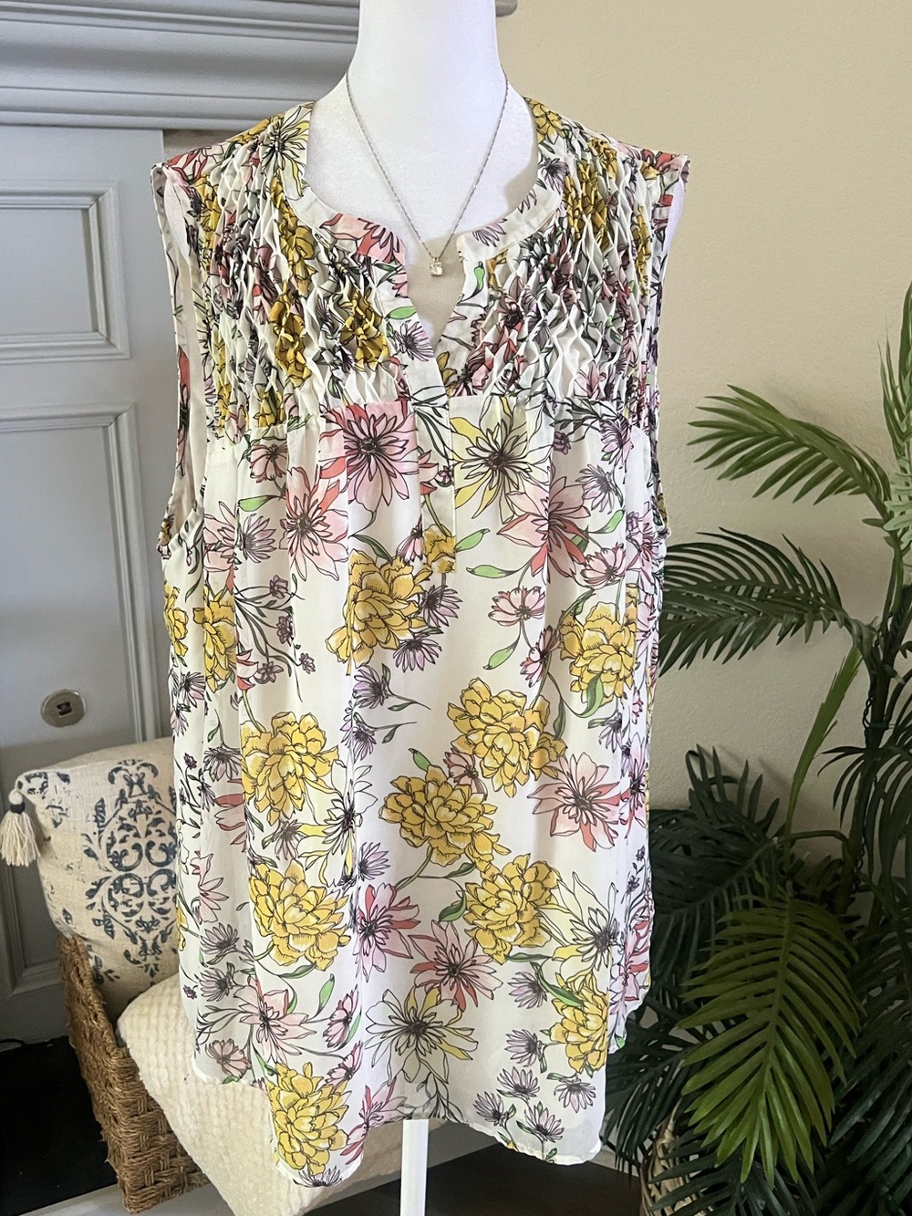Daniel Rainn White Floral Smocked Yoke Camisole with Yellow & Pink Blooms